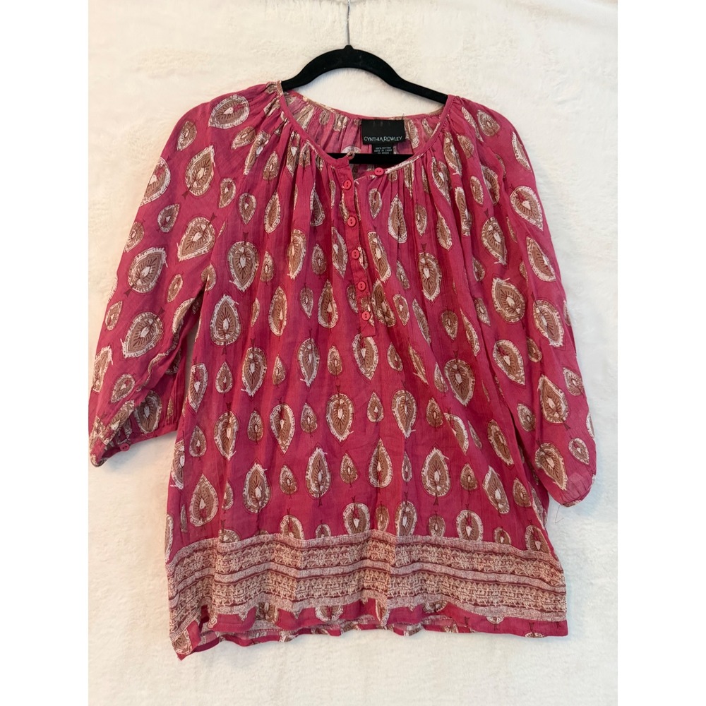 Cynthia Rowley Pink Cotton Peasant Blouse Medium Boho Block Print 3/4 Sleeve Top